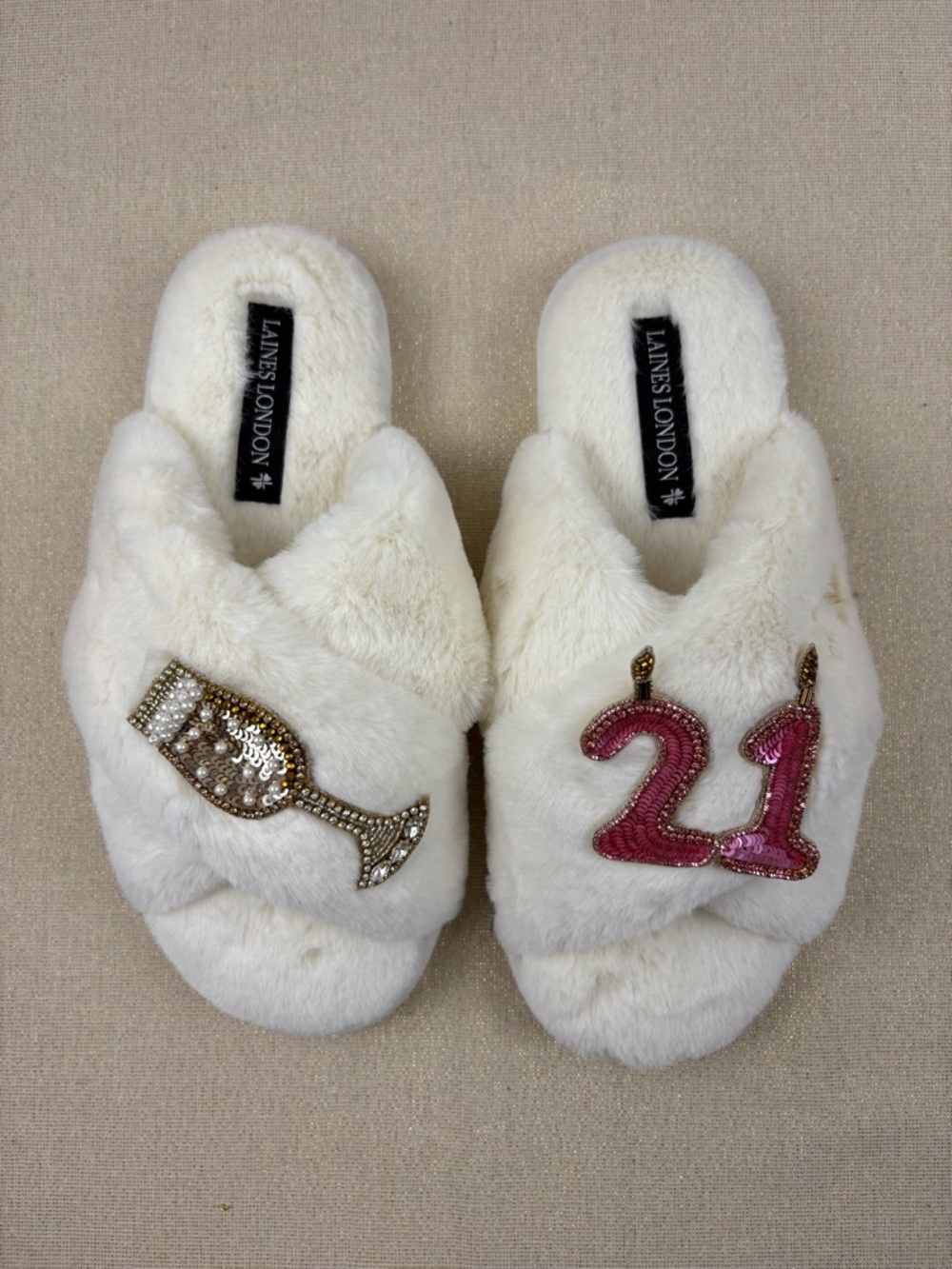 Classic Laines London Slippers with Vino Darling Brooches-Color: Cream-Size: M